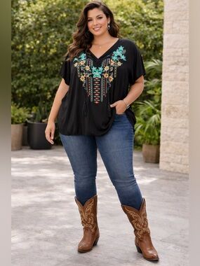 Embroidered Black Peasant Blouse with Teal Floral Accents and Tie